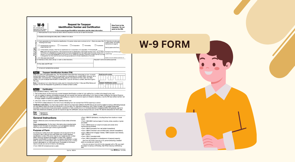 The W-9 tax form template and the image of the woman with a laptop
